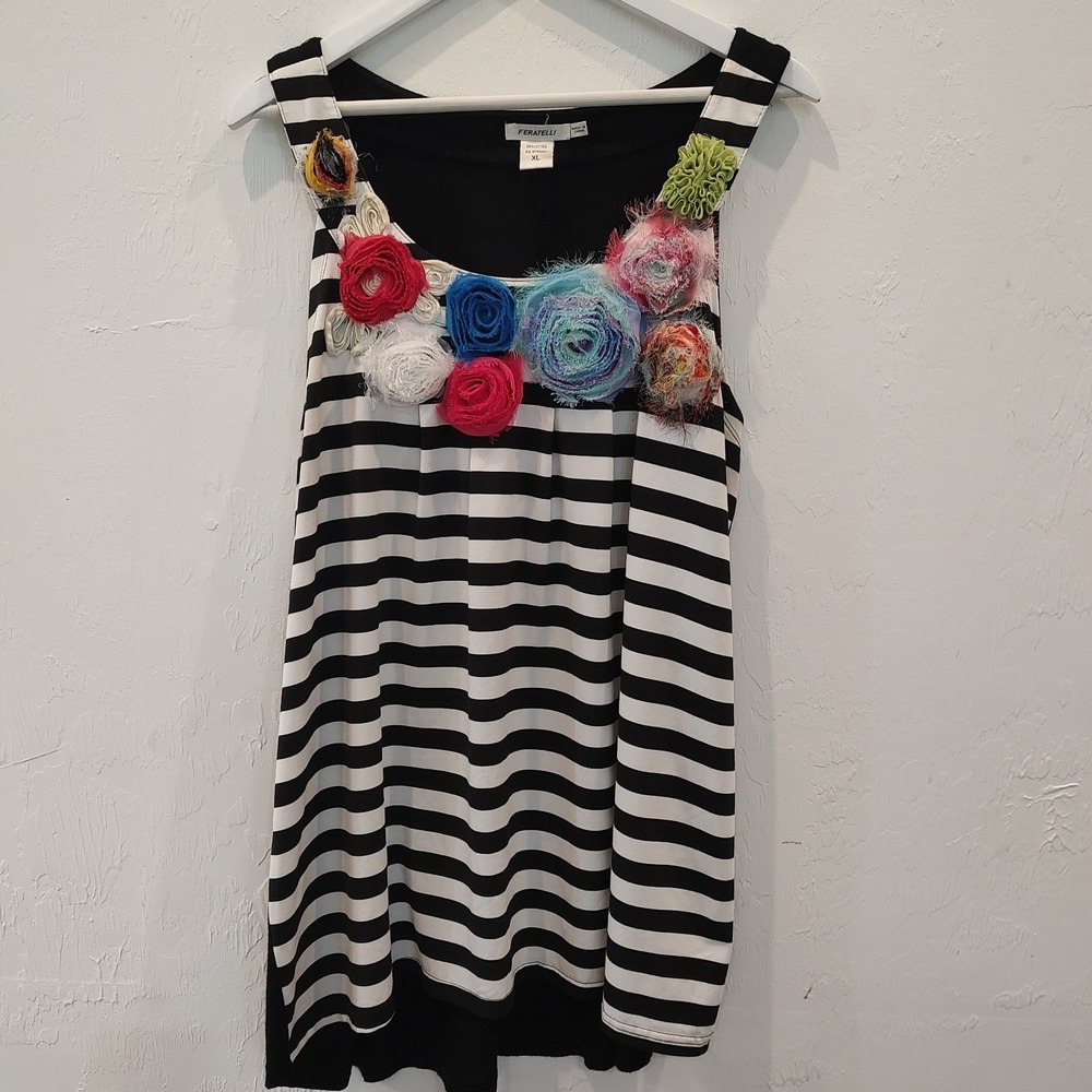 Feratelli Womens XL Striped Tank Top 3D Floral Applique Black White Red